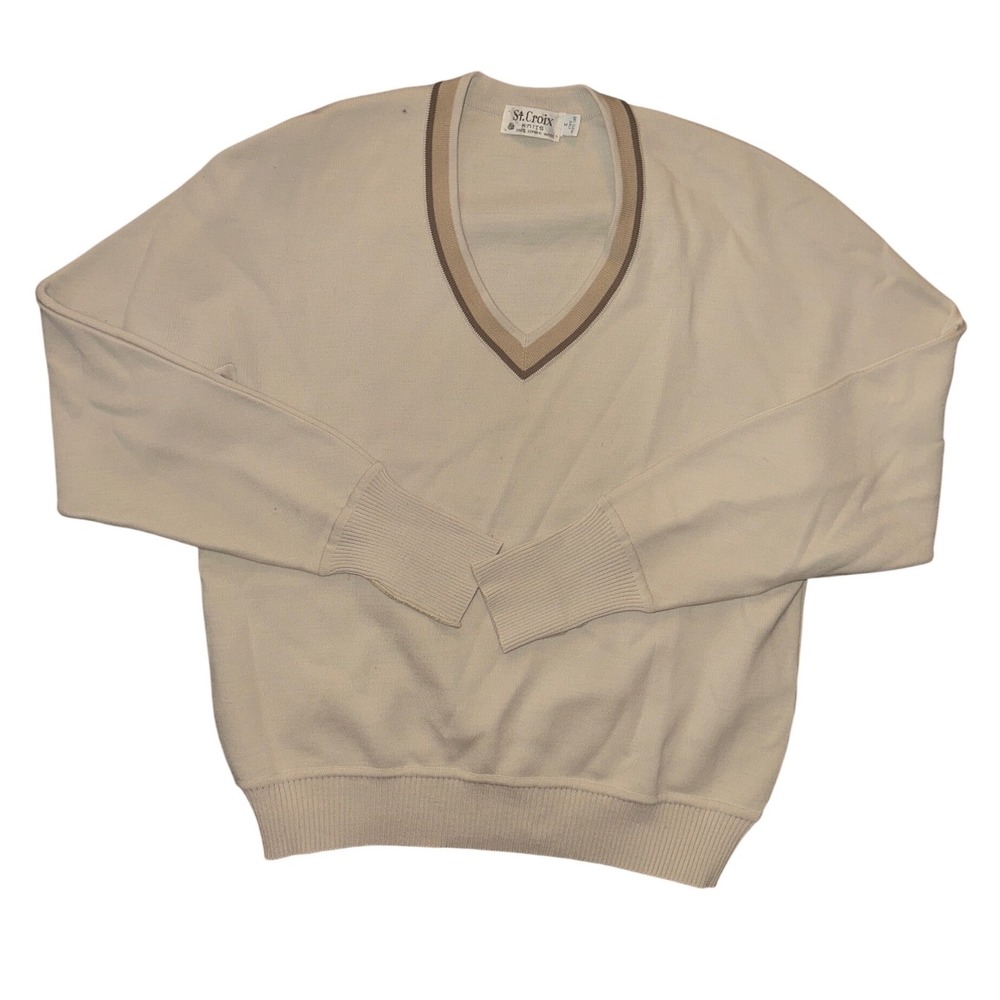 St. Croix Knits Vintage Cream V-Neck Sweater 100% Zephyr Wool Mens Medium Tan